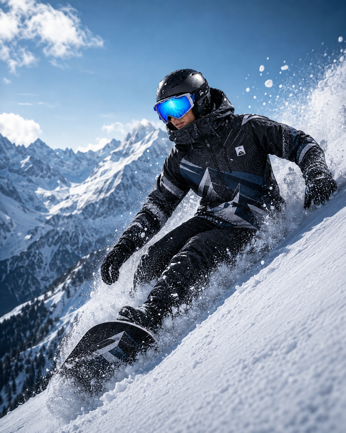Snowboard athlete wearing the dark premium custom ARTIVA winter design while carving down a mountain slope